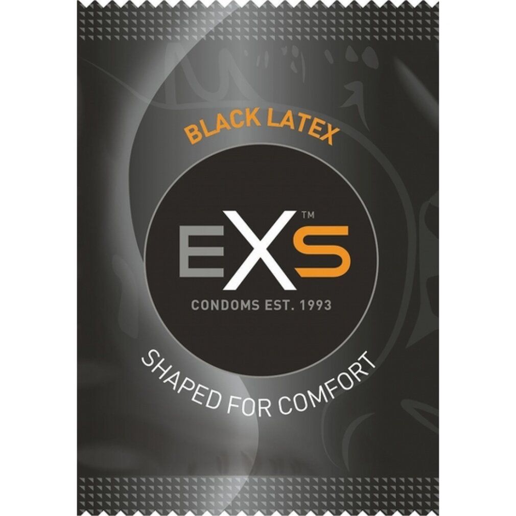 Einzelverpackung eines schwarzen Latex-Kondoms. Marke EXS, mit der Aufschrift 'Shaped for Comfort'.