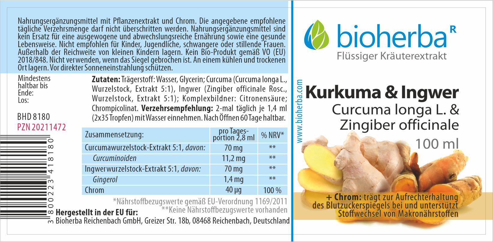 Bioherba Kurkuma & Ingwer Tropfen Tinktur. Flasche mit Etikett. Text: Kurkuma & Ingwer, Zutaten, Nährwertangaben. 100 ml.
