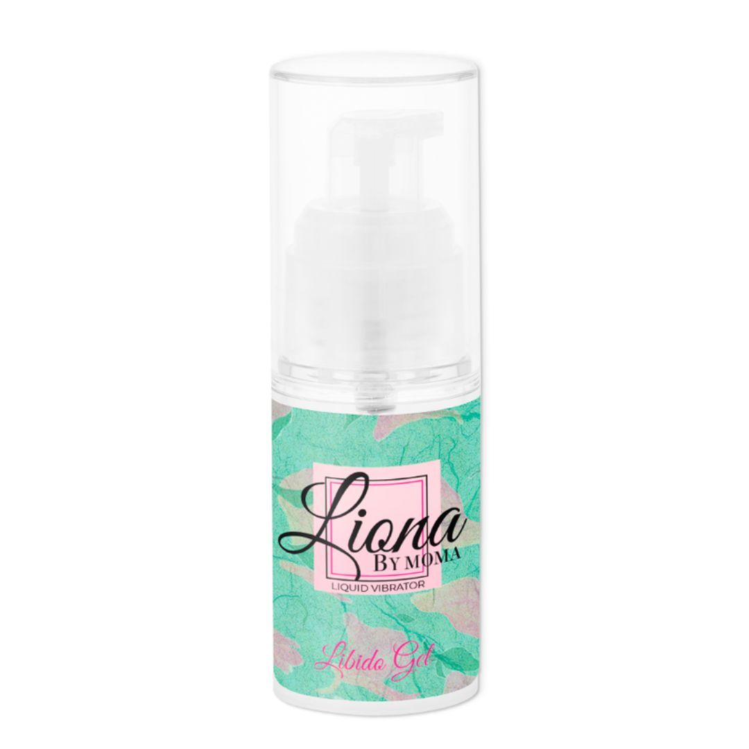 Klarer Spender mit Pumpe. Etikett mit Logo und Schriftzug. Grün-rosa Design. "Libido Gel" Schriftzug.