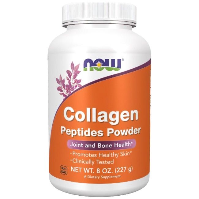 Orangener Behälter mit weißem Deckel. Aufschrift 'Collagen Peptides Powder'. Enthält Text über Gelenk- und Knochengesundheit.