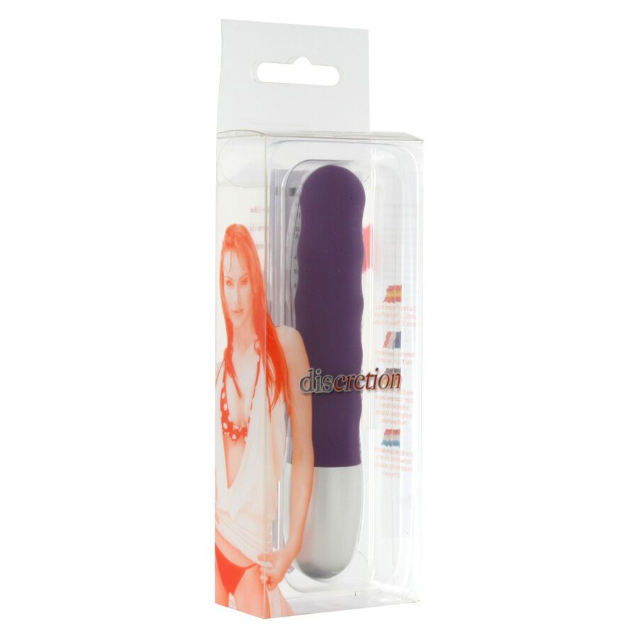 Lila gerippter Vibrator in transparenter Verpackung. Silberne Spitze, Markenname "discretion" sichtbar.
