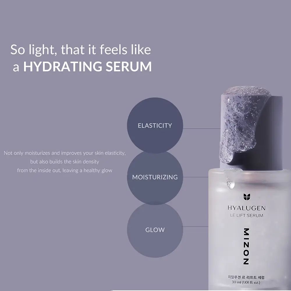 Serumflakon mit Text: Elastizität, Feuchtigkeit, Glanz. Text: Hydratisierendes Serum.