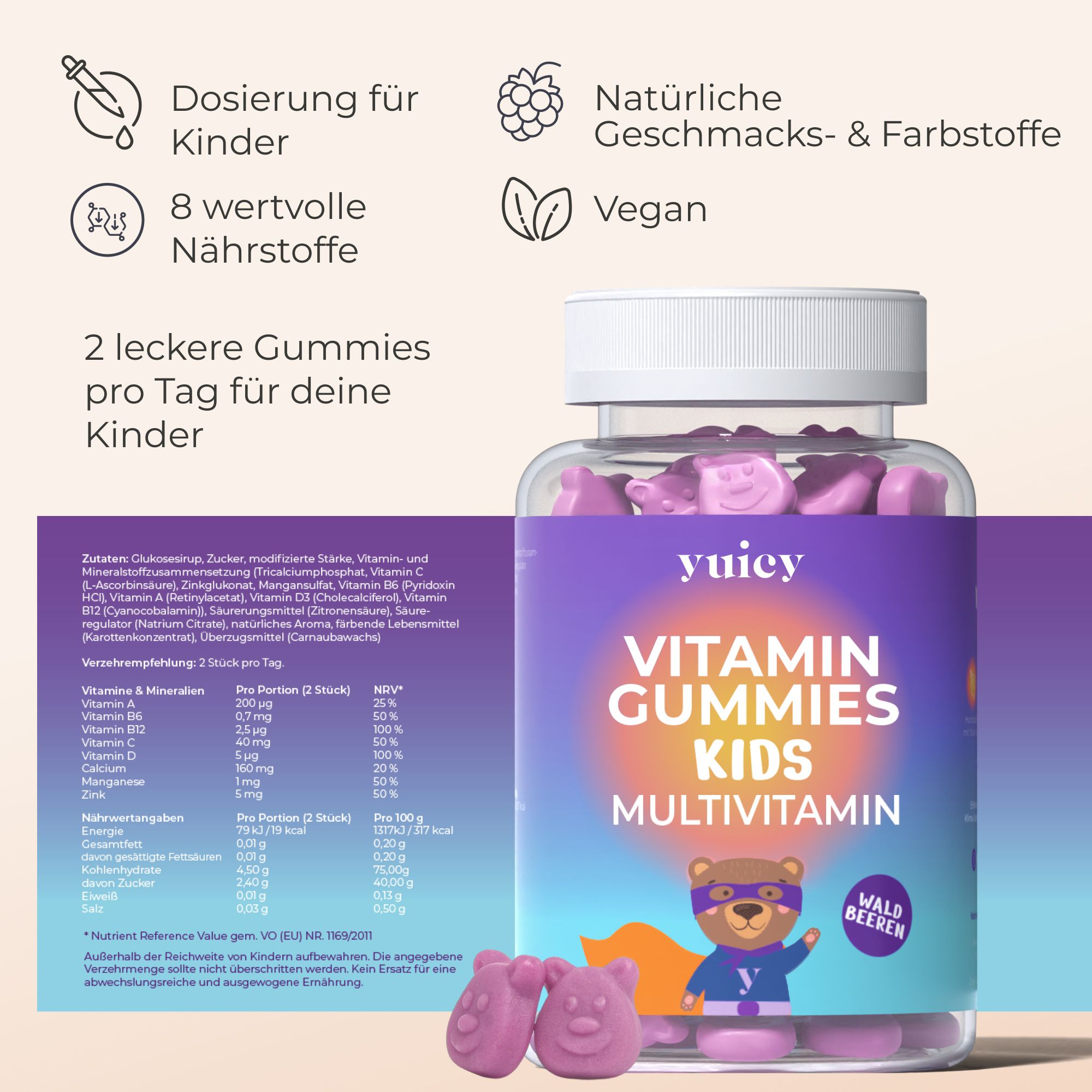 Eine Flasche yuicy® Vitamin Gummies Kids mit Gummibärchen. Text: "Vitamin Gummies Kids". Enthält 8 Nährstoffe und ist vegan.