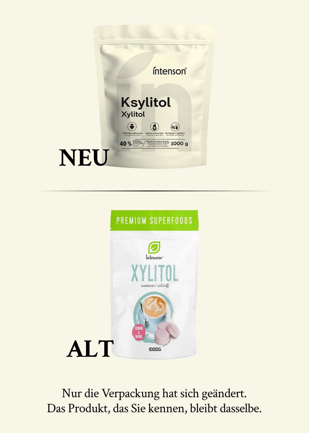 Zwei Packungen Xylitol. "NEU" und "ALT" kennzeichnen die Verpackungsänderung.