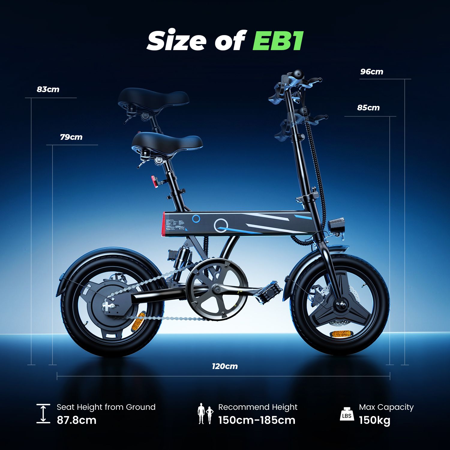 Schwarzes E-Bike mit Abmessungen: 120 cm lang, 96 cm hoch, 83 cm breit. Sitzhöhe 87,8 cm. Empfohlene Körpergröße 150-185 cm. Max. 150 kg.