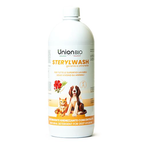 Weiße Flasche mit Aufschrift Union BIO STERYLWASH. Abbildung von Katze und Hund. Text: Für alle waschbaren Oberflächen, wo Tiere leben.