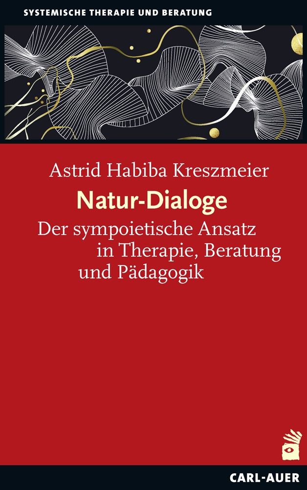 Buchcover mit Titel Natur-Dialoge von Astrid Habiba Kreszmeier. Roter Hintergrund mit weißer Schrift. Oben abstraktes Muster.