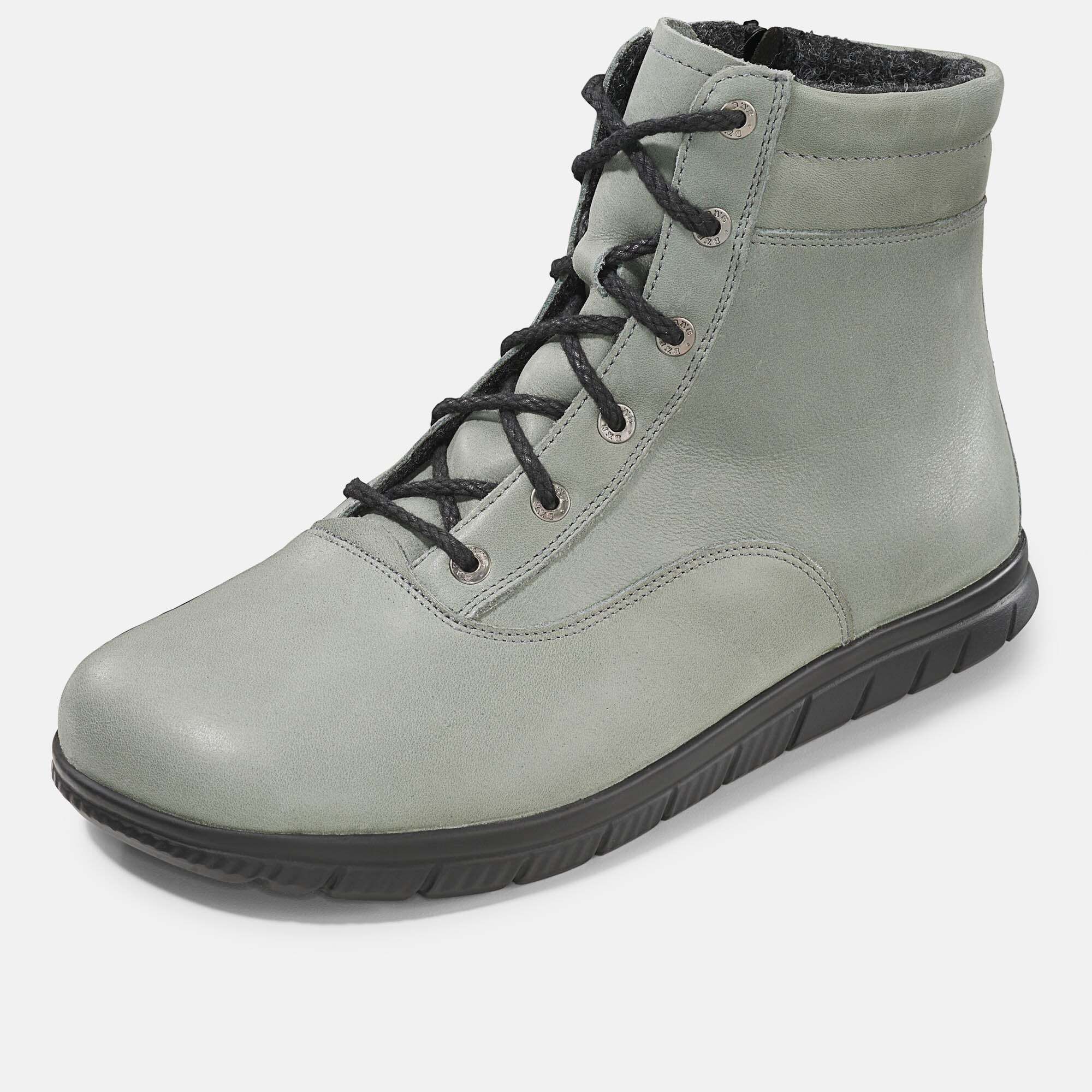 Graue Stiefelette mit Schnürung und schwarzer Sohle. Innenfutter aus grauem Stoff. Reißverschluss an der Seite.