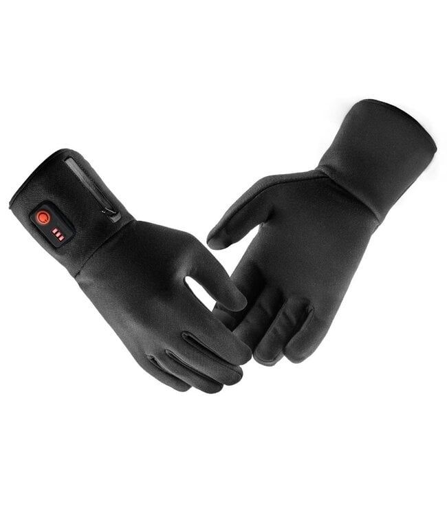 Schwarze Unterziehhandschuhe mit Heizfunktion. Sichtbar sind ein Bedienfeld.
