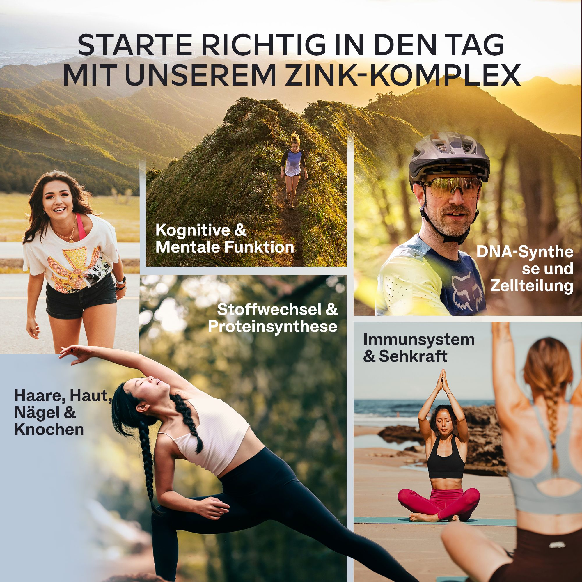 Verschiedene Aktivitäten. Bilder von Menschen, die Yoga machen, Rad fahren und wandern. Text über Vorteile.