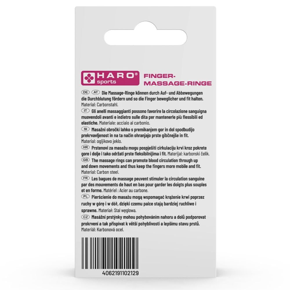 Rückseite der Haro Fingermassage-Ringe Verpackung. Text in mehreren Sprachen, Produktname und Logo.