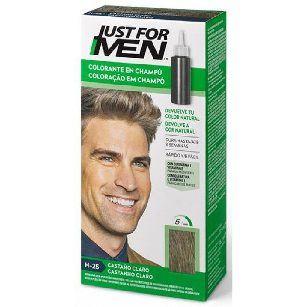 Schachtel mit Haarfarbe. Aufdruck: JUST FOR MEN. Abgebildet ist ein Mann mit hellbraunem Haar. Enthält eine Flasche mit Applikator.