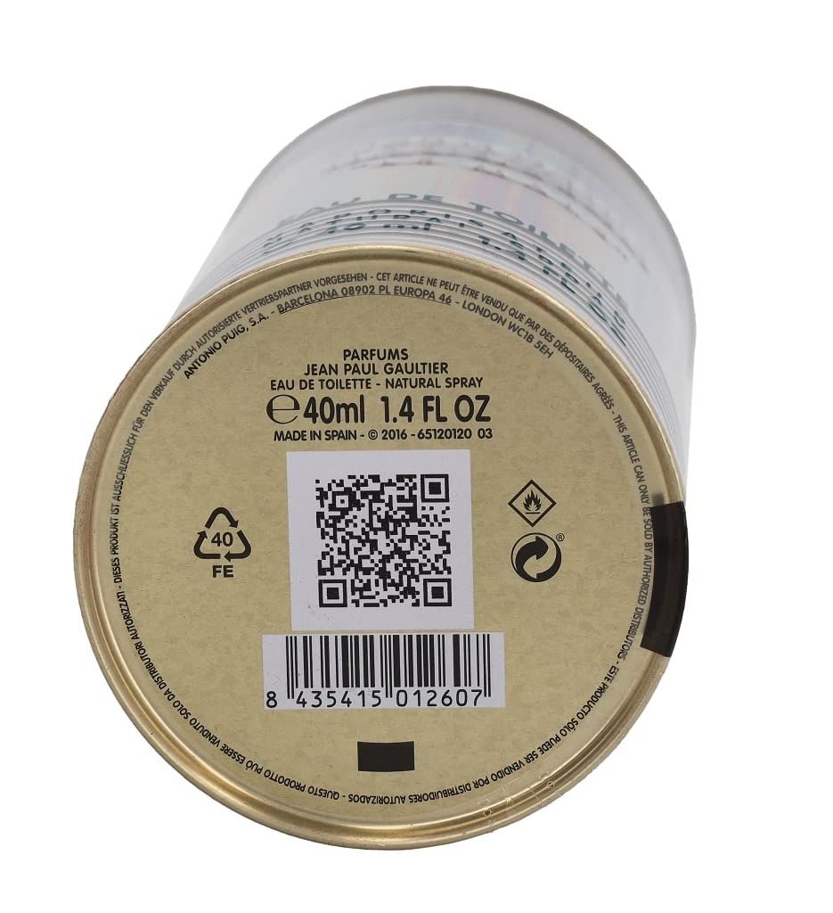 Dosenboden mit Produktinformationen, QR-Code und Barcode. Aufschrift: Jean Paul Gaultier, Eau de Toilette.