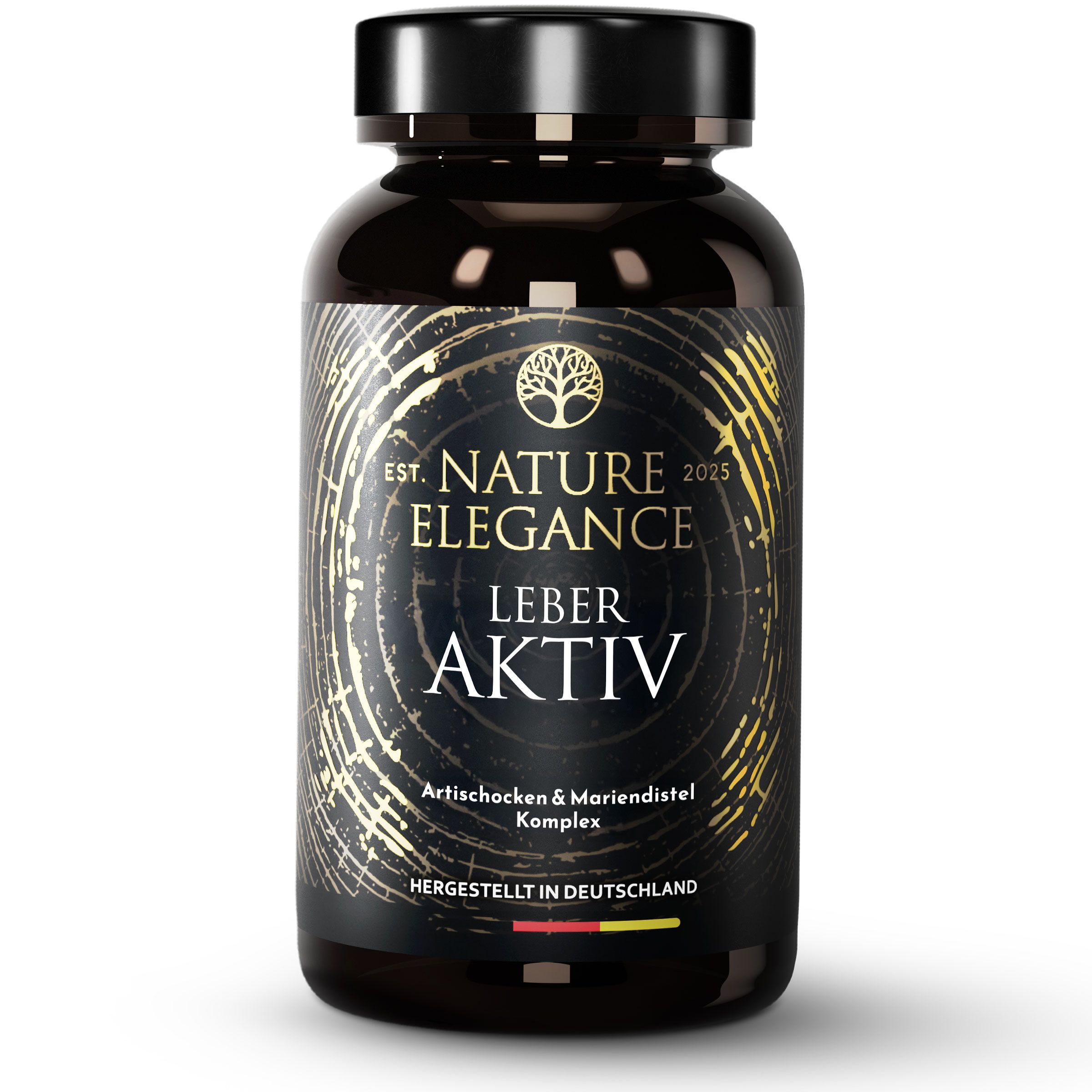 Braune Flasche mit schwarzem Deckel. Aufschrift: NATURE ELEGANCE LEBER AKTIV. Artischocken & Mariendistel Komplex. Hergestellt in Deutschland.