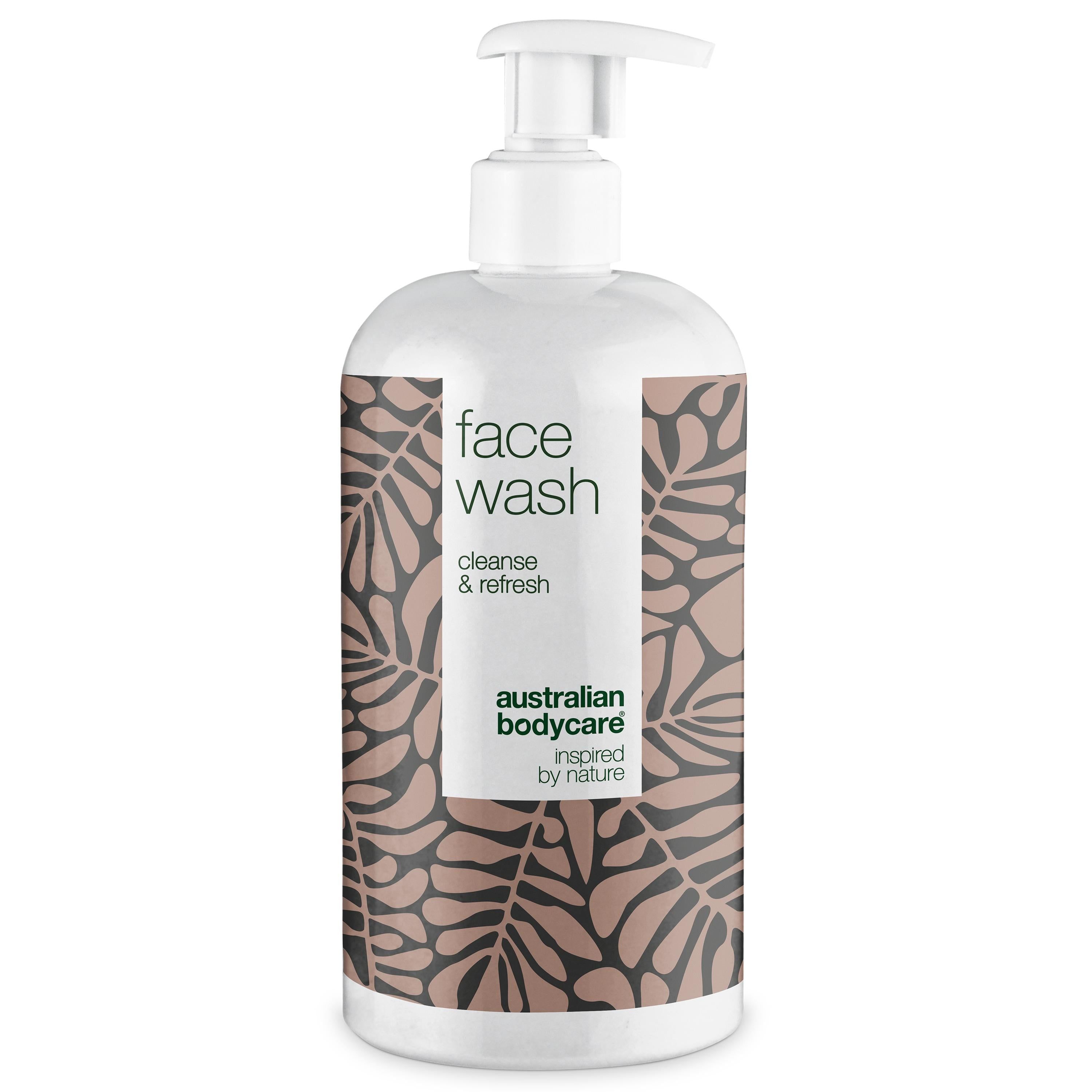 Weiße Flasche mit Pumpe. Aufschrift: face wash, cleanse & refresh. Marke: Australian Bodycare.