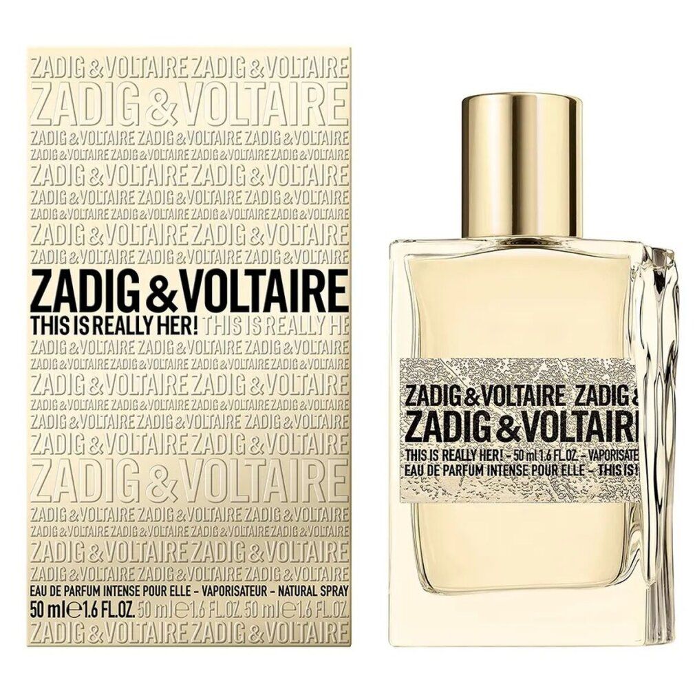 Zadig & Voltaire Parfümflakon und Verpackung. Rechteckig, goldfarbener Verschluss. Aufschrift: Zadig & Voltaire, This Is Really Her! EdP Intense.