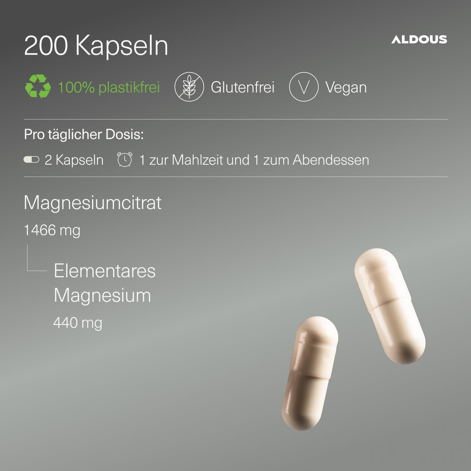 Aldous Magnesiumcitrat, 200 Kapseln, 100% plastikfrei, glutenfrei, vegan.