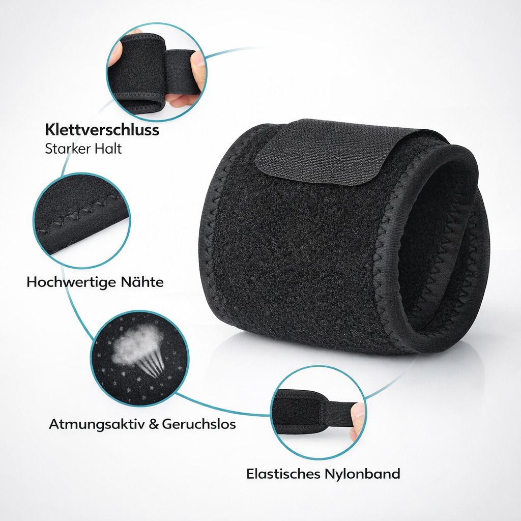 Schwarze Handgelenkbandage mit Klettverschluss, hochwertigen Nähten und atmungsaktivem Material. Elastisches Nylonband.