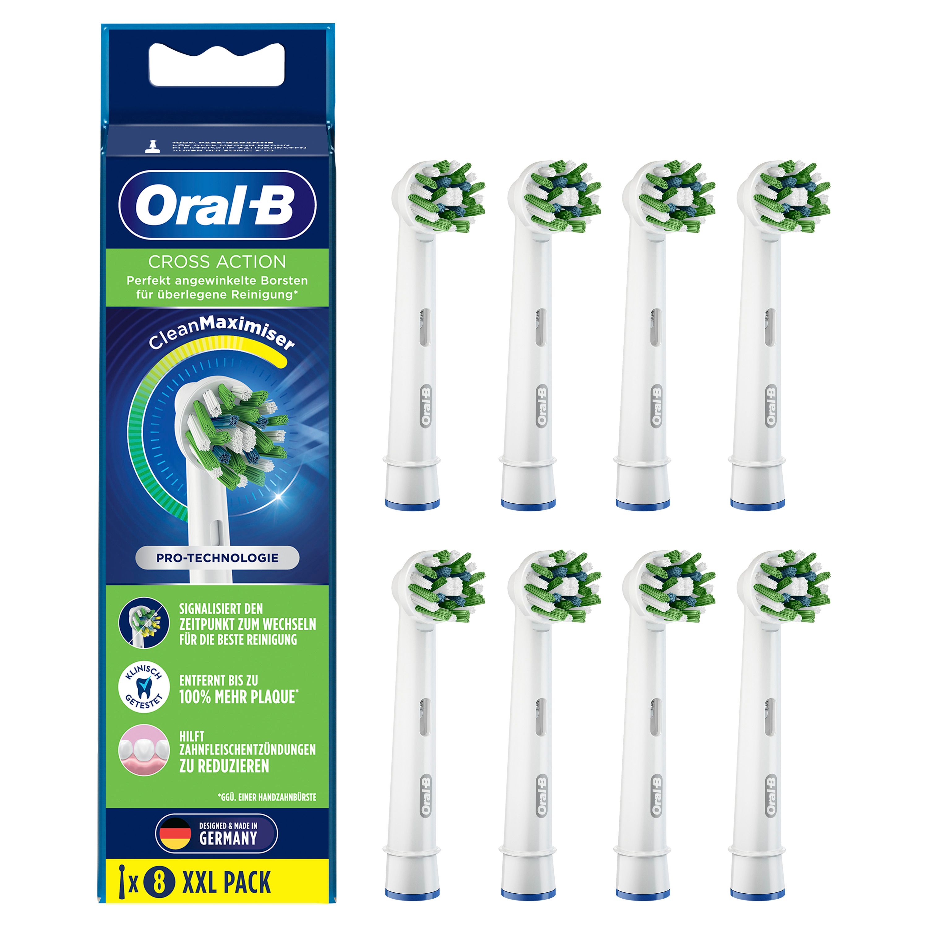 Packung mit acht weißen Oral-B CrossAction CleanMaximizer Aufsteckbürsten. Grüne Borsten, blaue und weiße Akzente. Verpackung mit Logo.