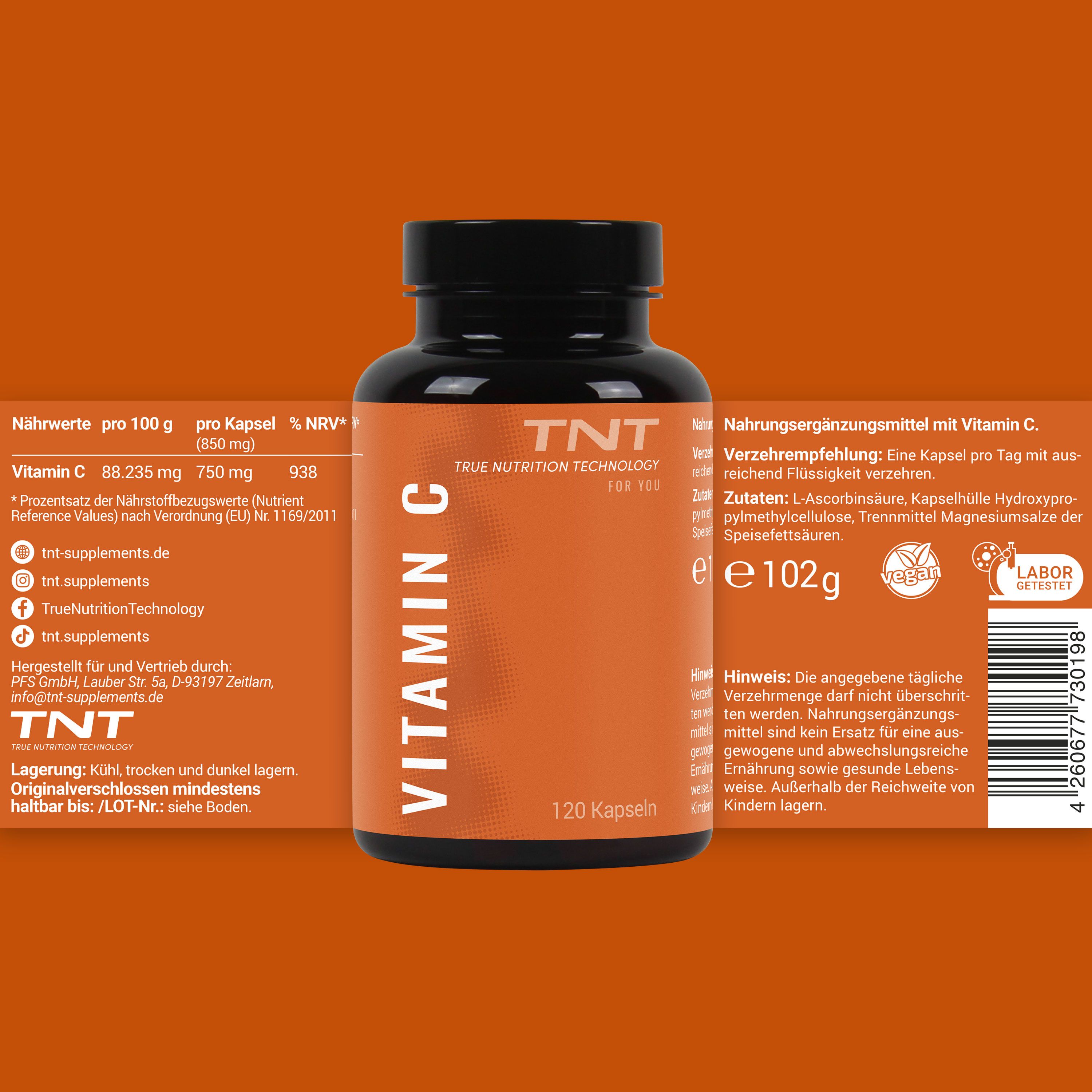 TNT Vitamin C-Flasche mit orangefarbenem Etikett. Text: "Vitamin C", "120 Kapseln". Rückseite mit Nährwertangaben und Inhaltsstoffen.