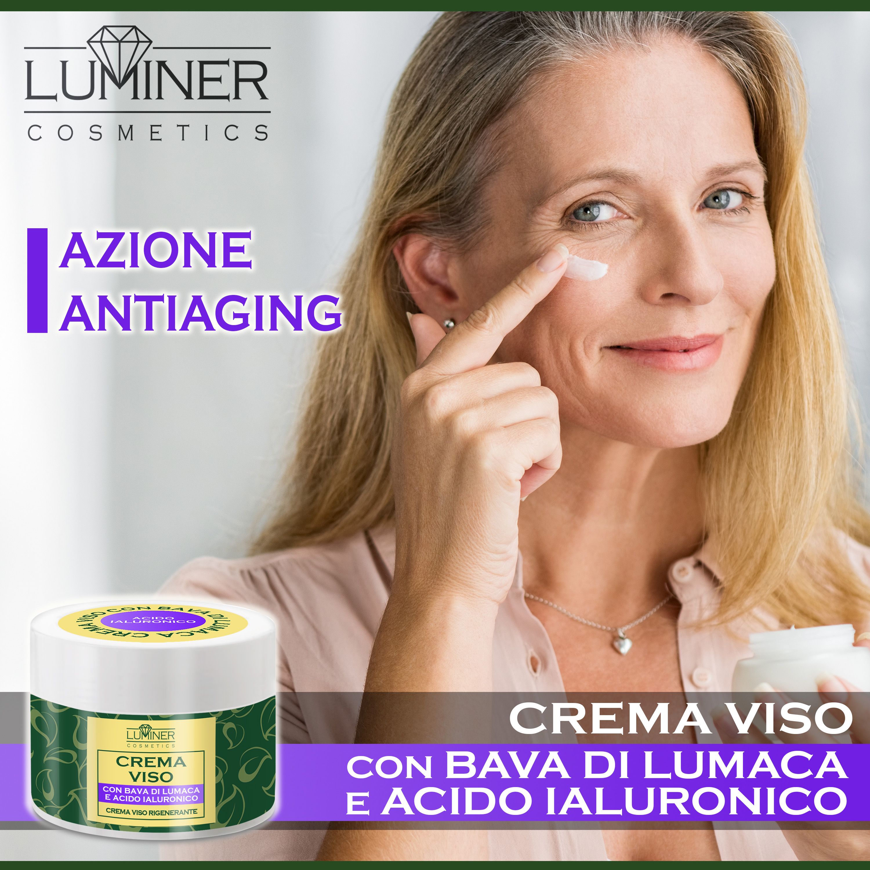 Frau trägt Gesichtscreme auf, mit Tiegel und Text "Anti-Aging-Wirkung".