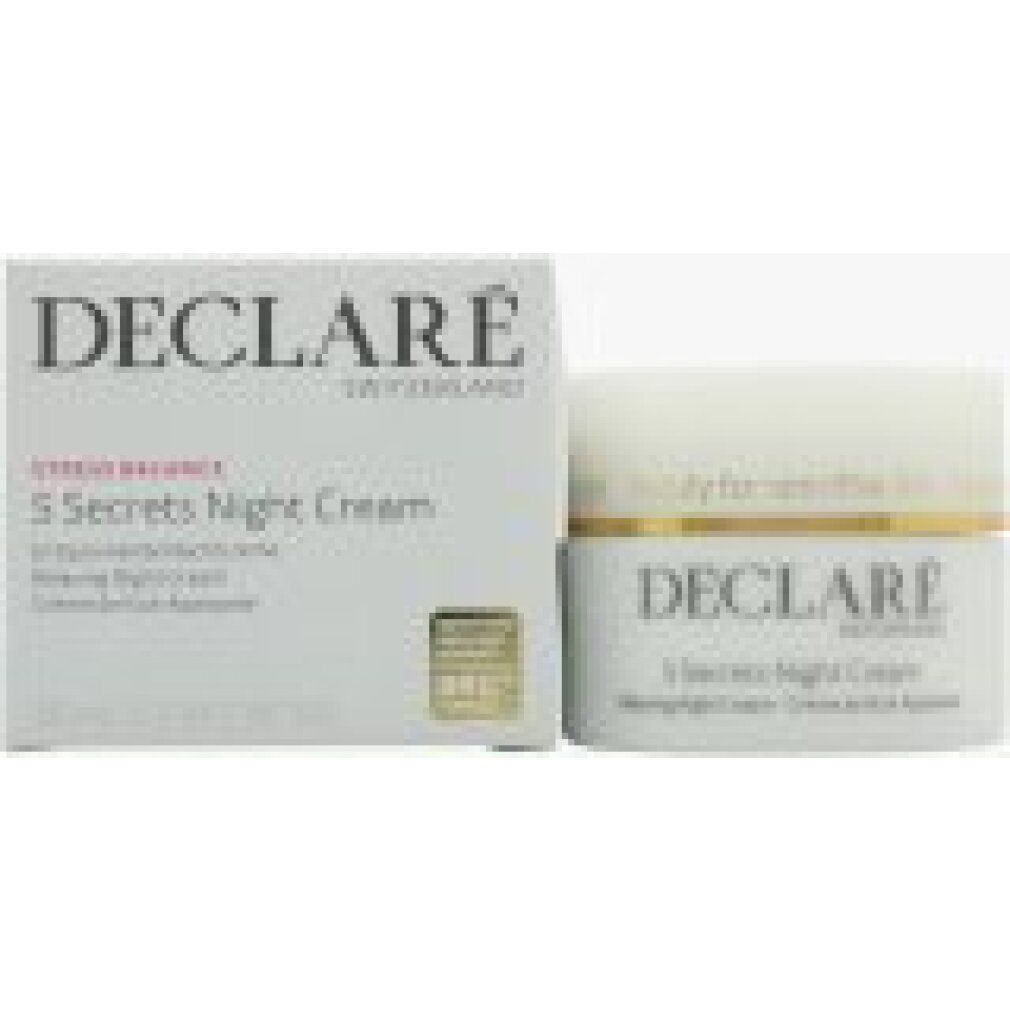 Weißes Tiegel mit goldfarbenem Rand. DECLARÉ 5 Secrets Night Cream. Text: Relaxing Night Cream.