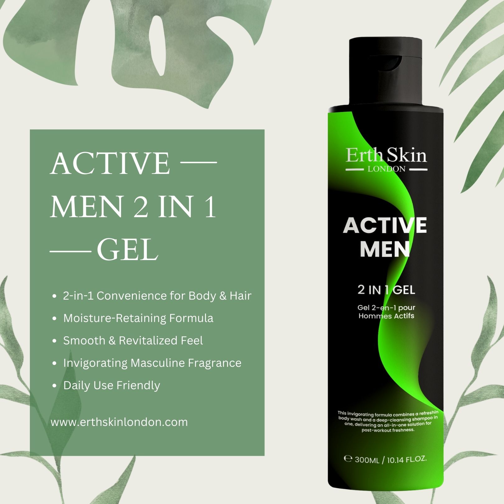 Flacone ErthSkin London Aktiv Männer 2 in 1 Gel. Flacone nero, accenti verdi. Nome e dettagli del prodotto, tabella verde.