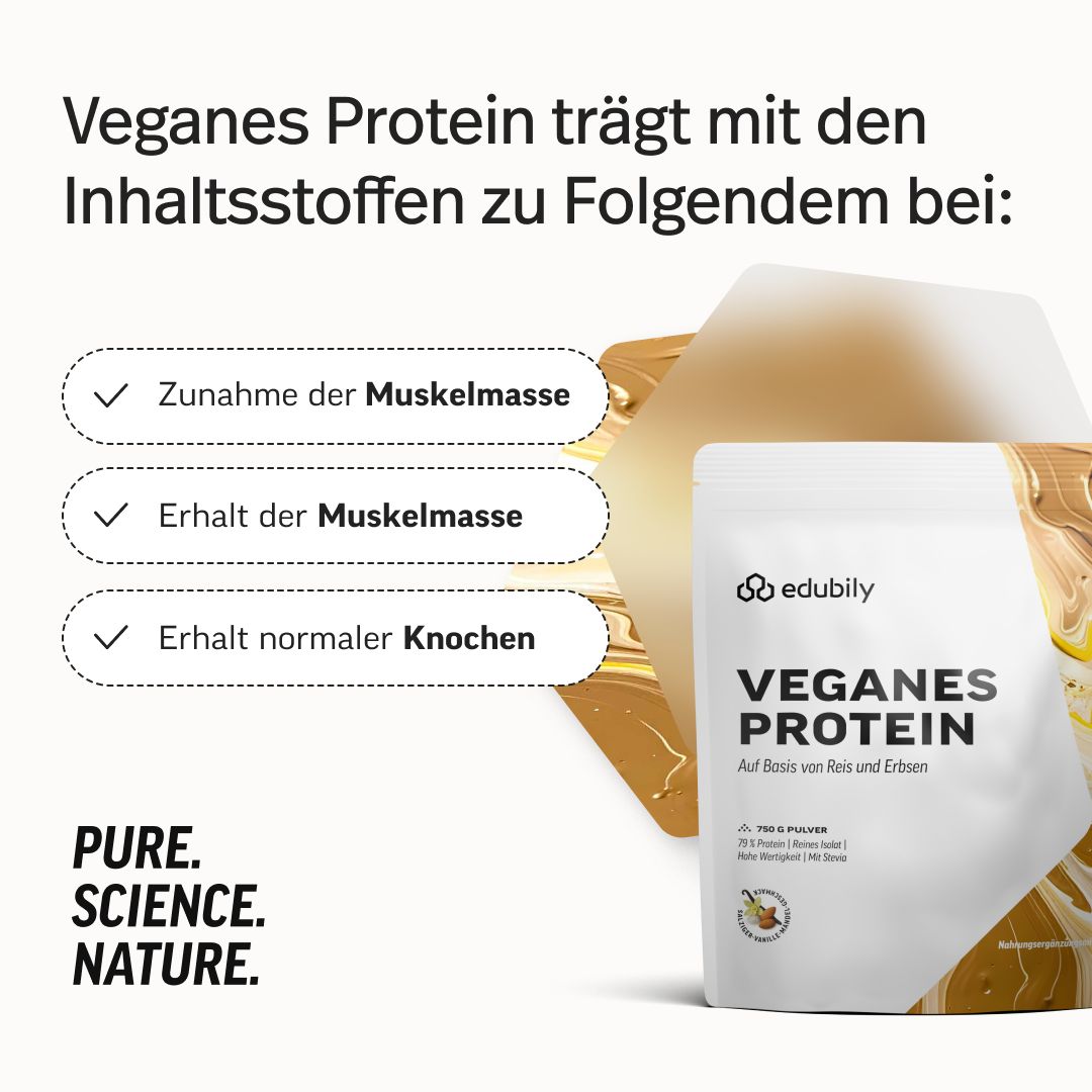 Veganes Protein unterstützt Muskelmasse, Muskelerhalt und normale Knochen. edubily Verpackung.