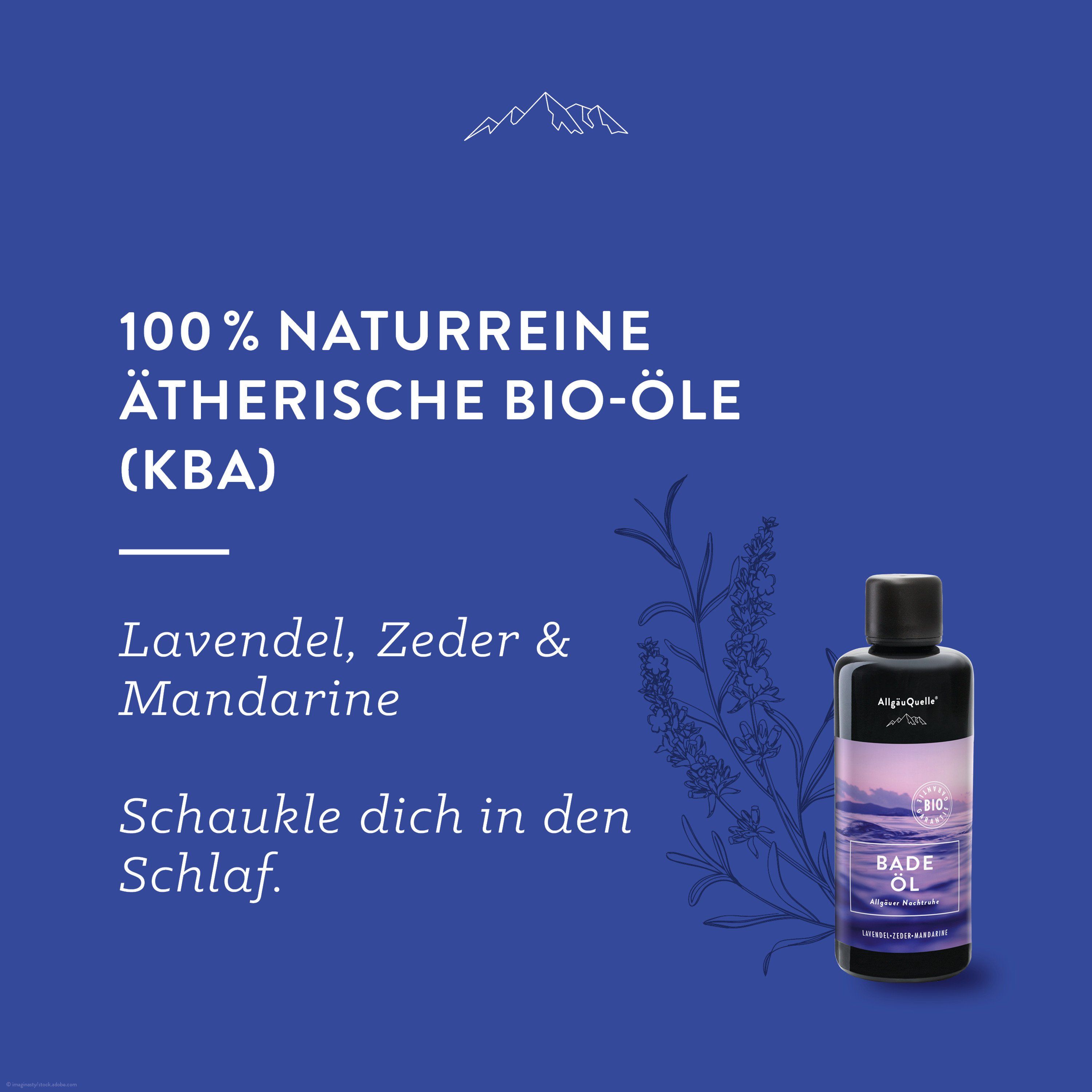 Blaue Grafik mit Text: "100% naturreine ätherische Bio-Öle (KBA)". Lavendel, Zeder & Mandarine. Flasche mit Produkt.