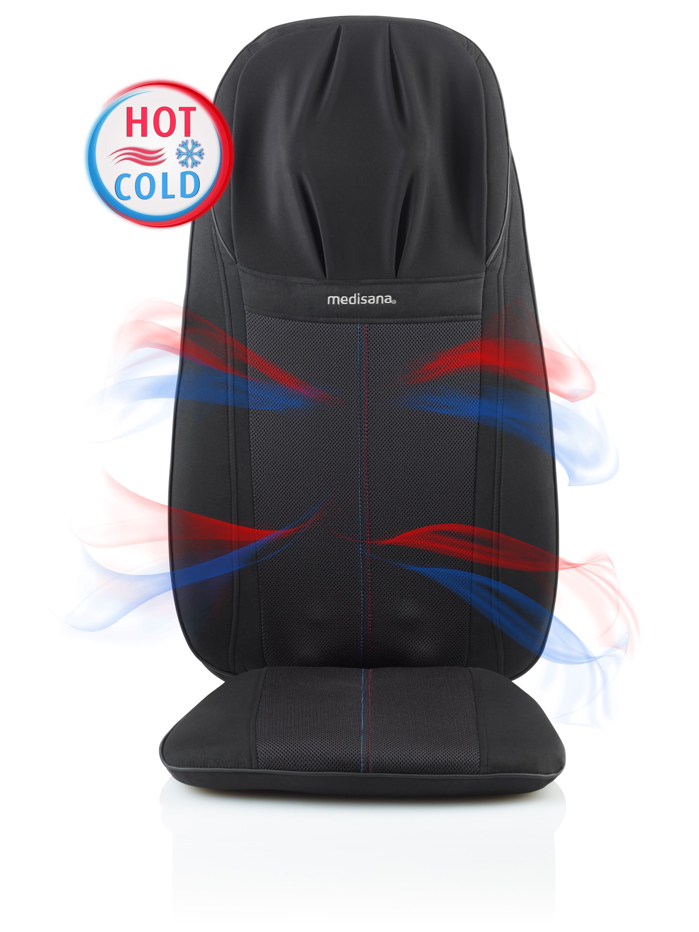 Schwarze Shiatsu-Massageauflage mit Hot & Cold Funktion.