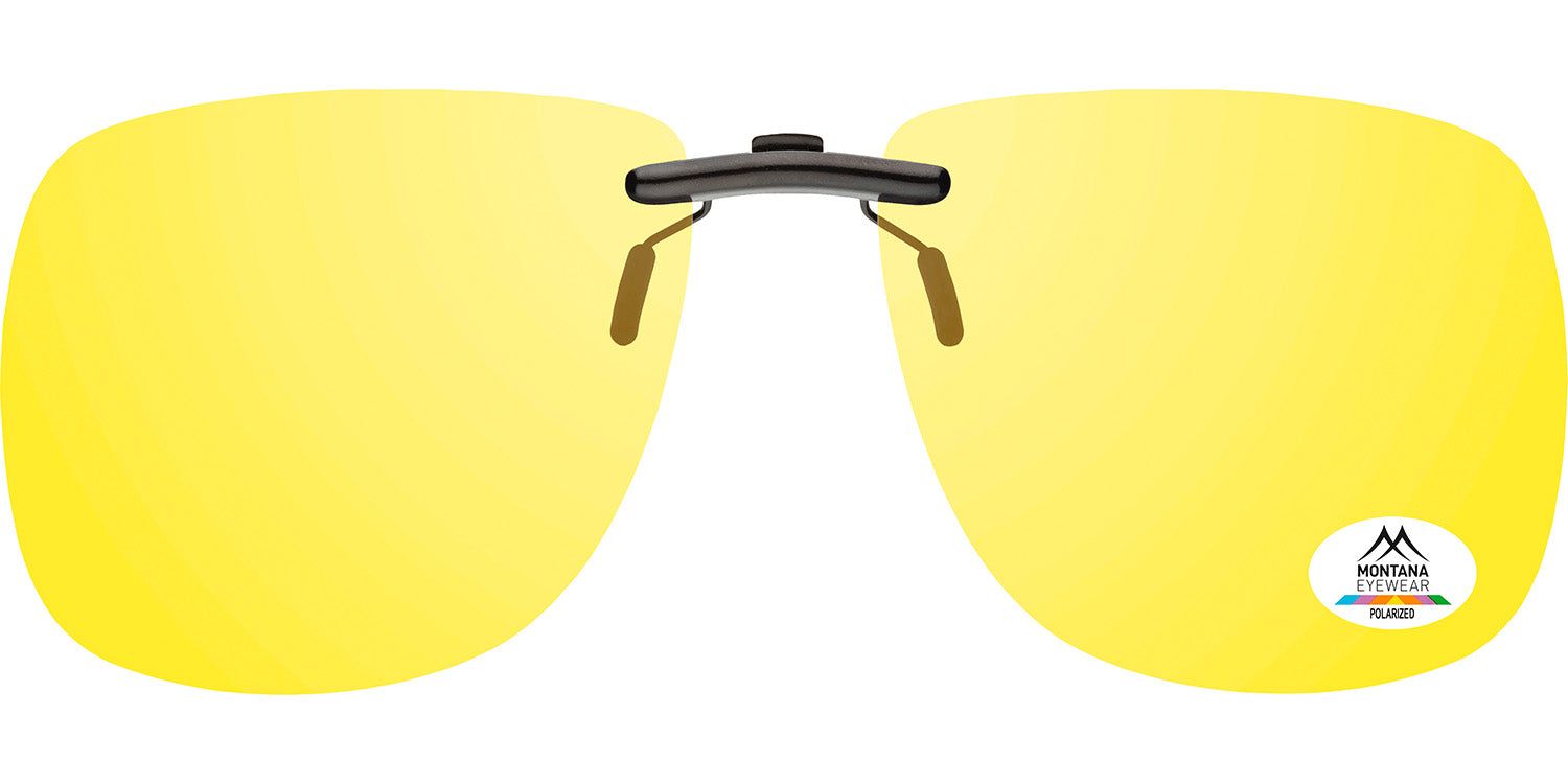 Gelbe Clip-on-Sonnenbrille. Schwarzer Rahmen, gelbe Gläser. Montana Eyewear Logo und Polarized-Aufkleber.