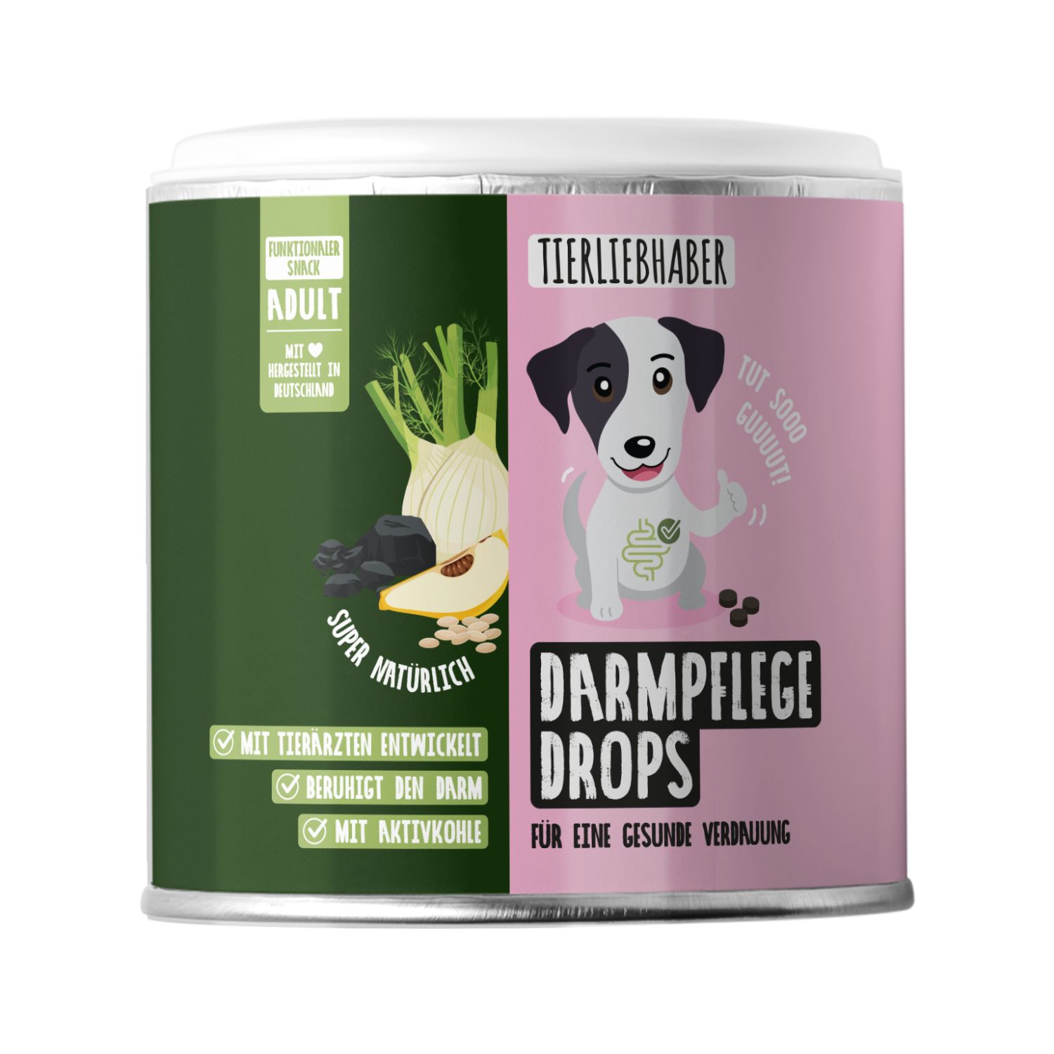 Dose Darmpflege Drops. Produktname, Logo, Illustration. Grüne und rosa Farbgebung. Text: Für eine gesunde Verdauung.
