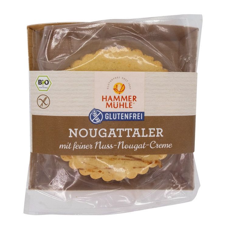 Verpackung mit Nougattaler mit Schokolade. Marke Hammer Mühle, glutenfrei. Bio-Siegel.