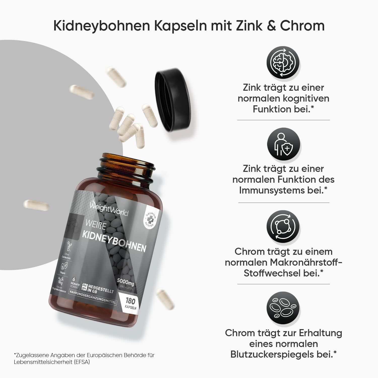 Produktabbildung mit Kidneybohnen Kapseln, Zink & Chrom. Text: Zink trägt zu normaler kognitiver Funktion bei.
