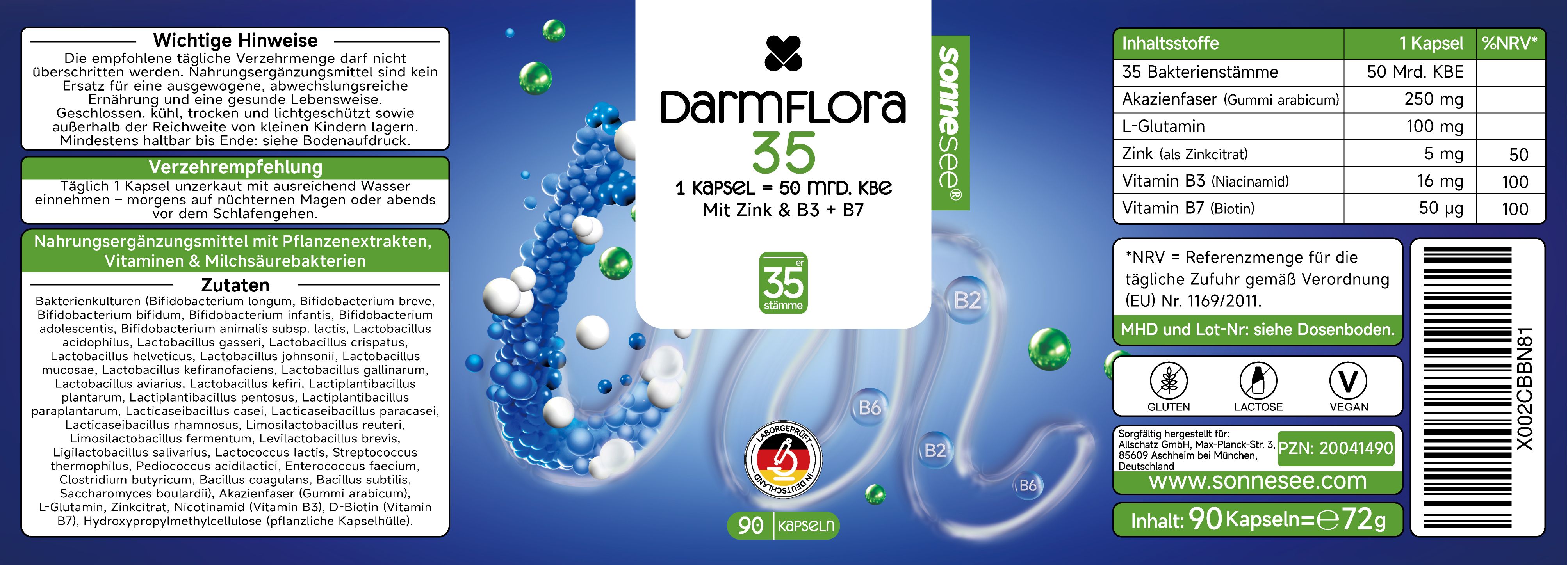 Verpackung von DarmFlora 35 Kapseln mit 35 Bakterienstämmen, inklusive Zink und B-Vitaminen.