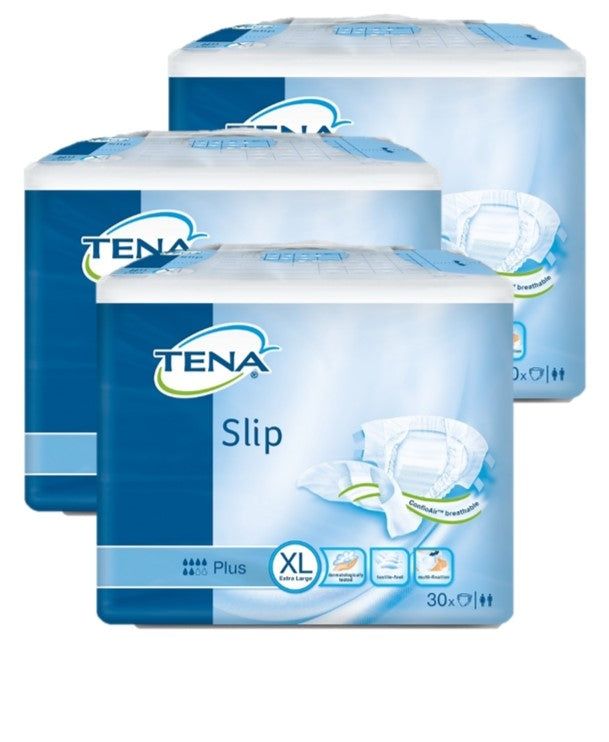Drei Packungen TENA Slip Plus. Blaue Verpackung mit Produktabbildung und Größenangabe XL. 30 Stück.