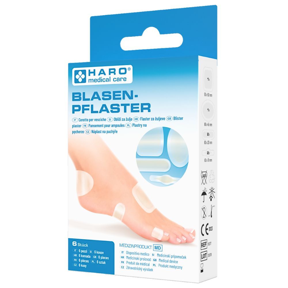 Verpackung mit Blasenpflastern. Marke HARO. Sechs Pflaster auf einem Fuß abgebildet. Medizinprodukt. Verschiedene Größen.