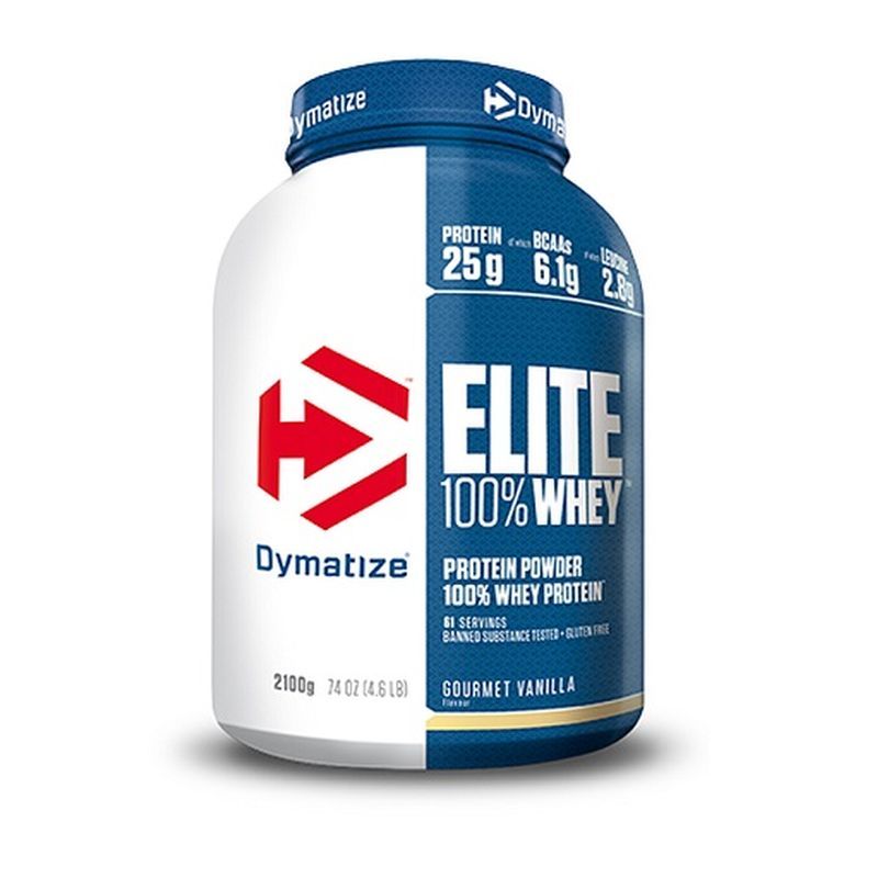 Dymatize Elite 100% Whey Protein-Pulver. Blaue und weiße Dose. Enthält 25g Protein, 6,1g BCAAs. Gourmet-Vanille-Geschmack.