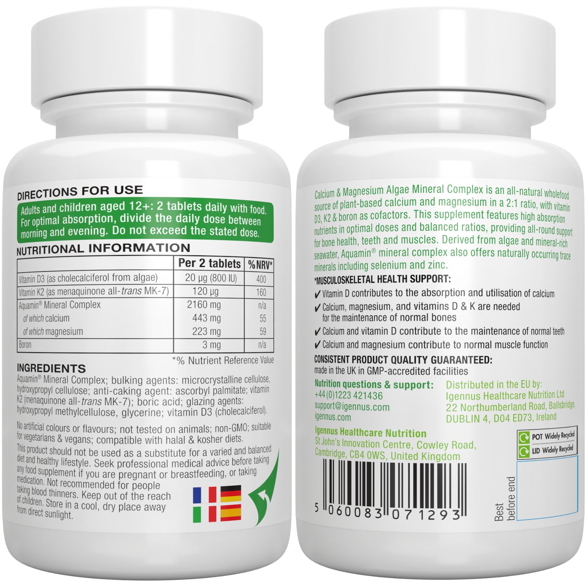 Rückseite einer Igennus Calcium & Magnesium Flasche mit Nährwertangaben und Anwendungshinweisen.