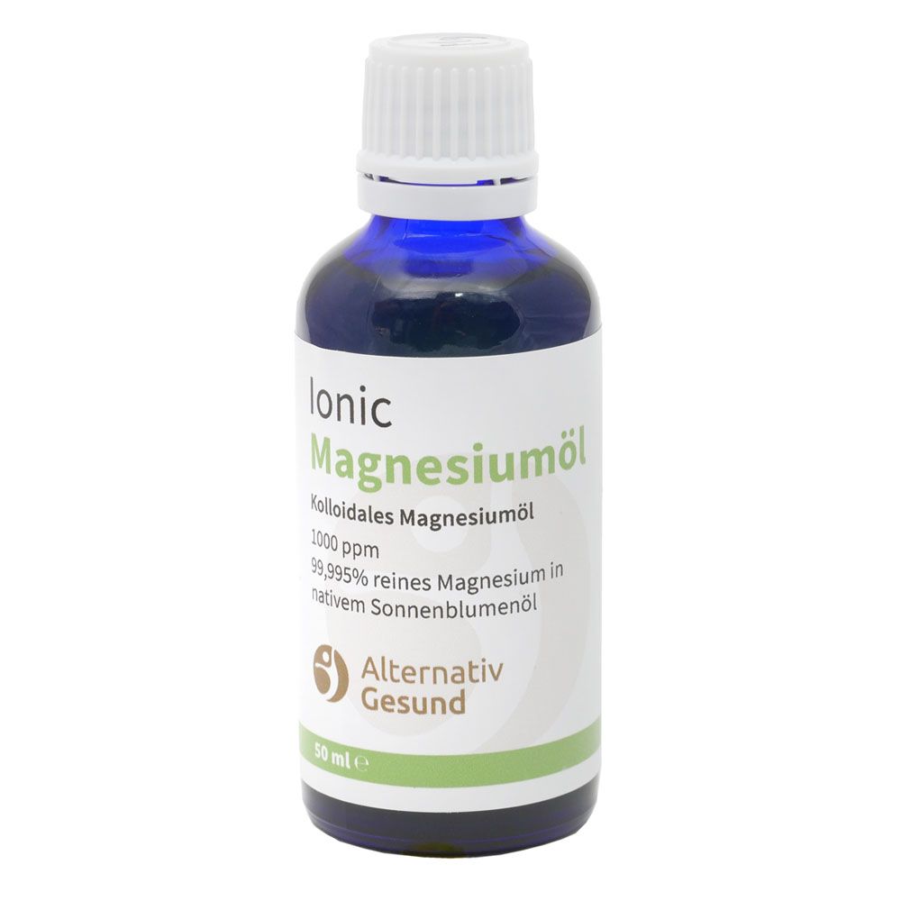 Blaue Glasflasche mit weißem Deckel. Aufschrift: Ionic Magnesiumöl, Alternativ Gesund. Etikett mit Produktinformationen.