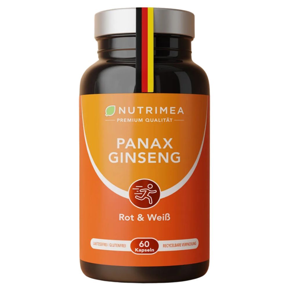 Braune Flasche mit Kapseln. Aufschrift: Nutrimea PANAX GINSENG, 60 Kapseln. Rot-weißes Etikett.