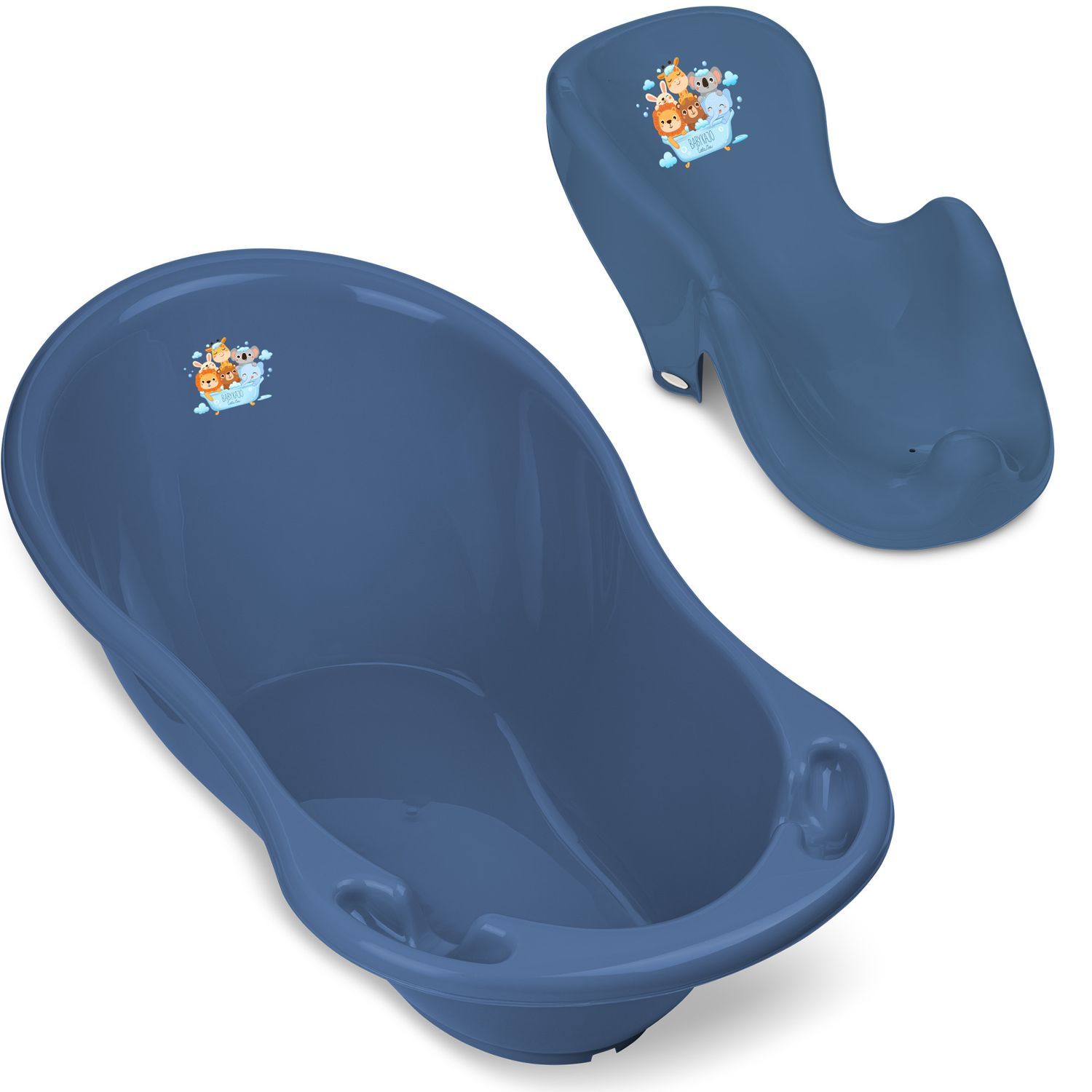 Blaue Babybadewanne und Wanneneinsatz. Der Einsatz hat ein Tiermotiv. 