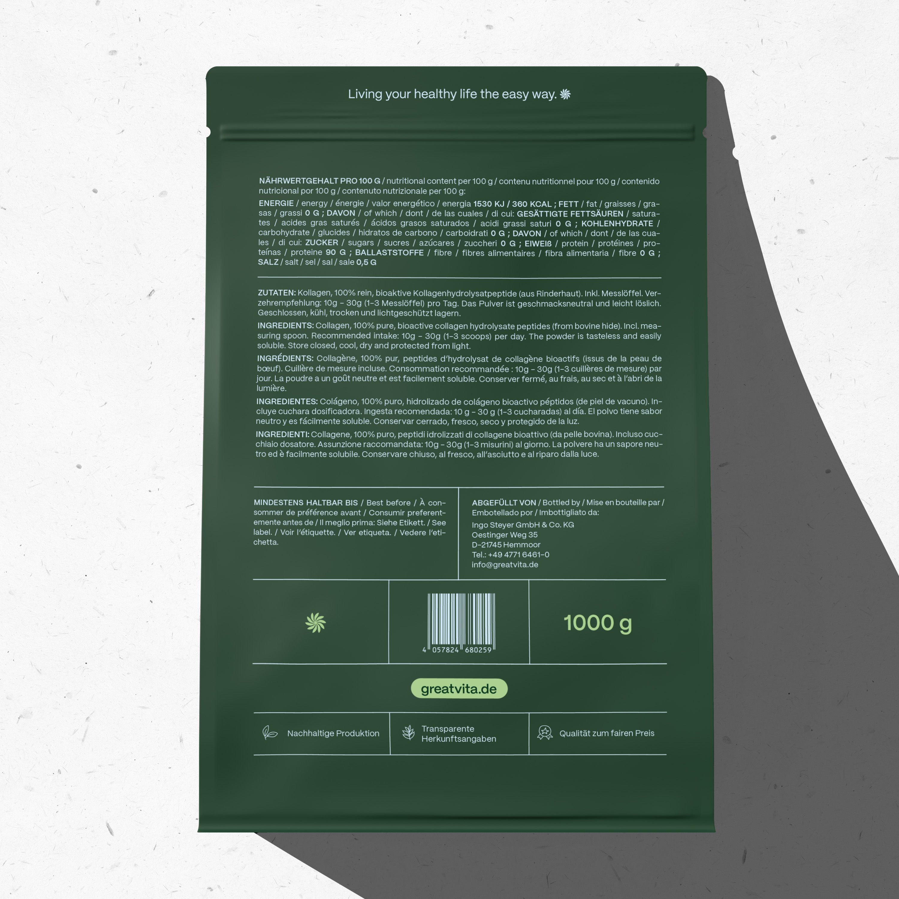 Grüne Verpackung mit Produktinformationen. Text: 1000 g, GreatVita, Nachhaltige Produktion, Qualität zum fairen Preis.