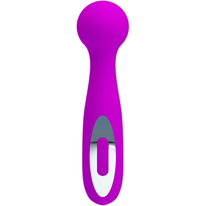 Lila Massager mit abgerundetem Kopf und Griff. Silberfarbener Knopf. Vertikale Ausrichtung.