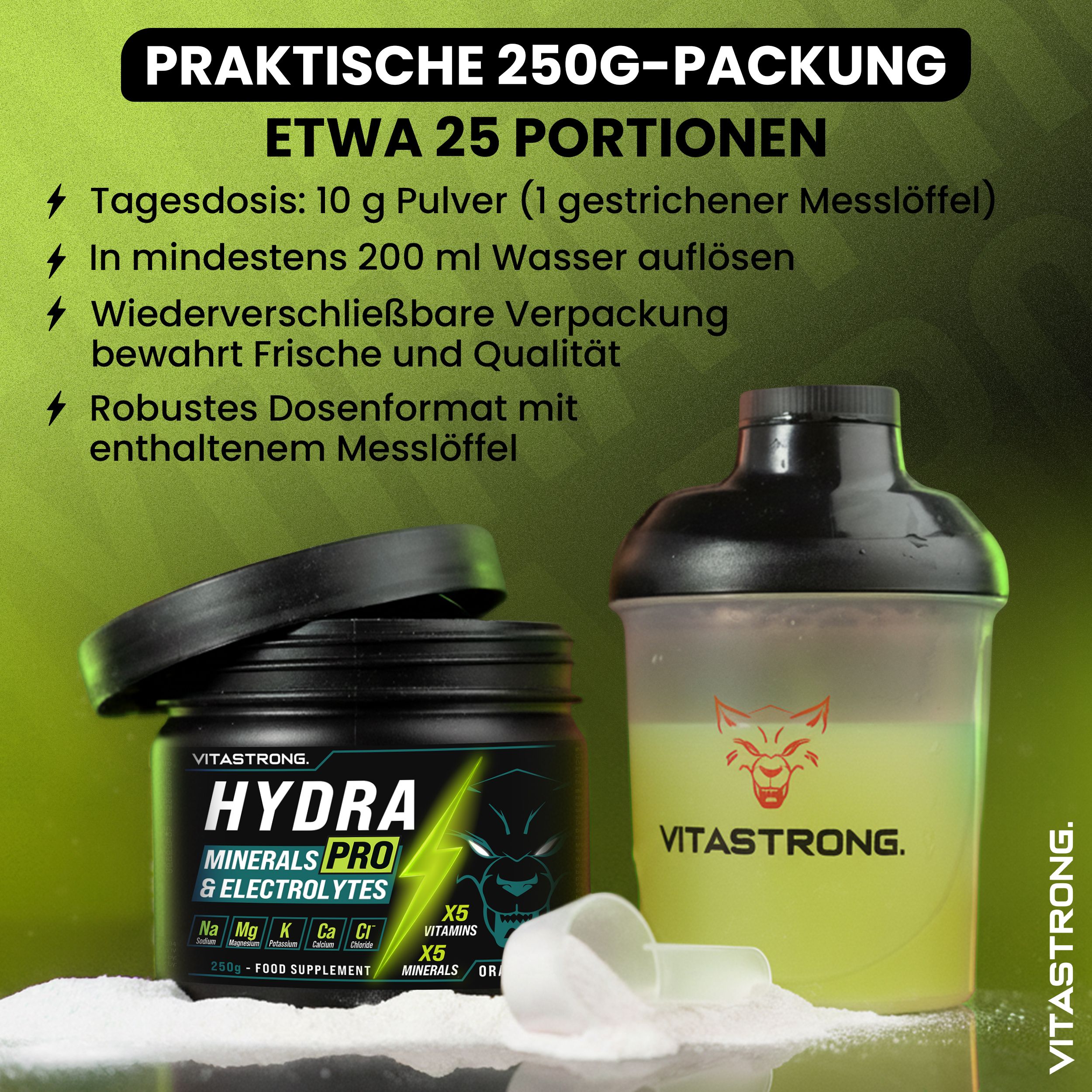 Vitastrong Hydra Pro Dose, Shaker und Messlöffel. Produkt und Zubehör. Praktische 250g-Packung.