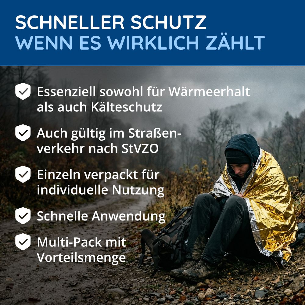 Mann in goldener Rettungsdecke sitzt im Freien, Rucksack daneben. Text: Schneller Schutz.