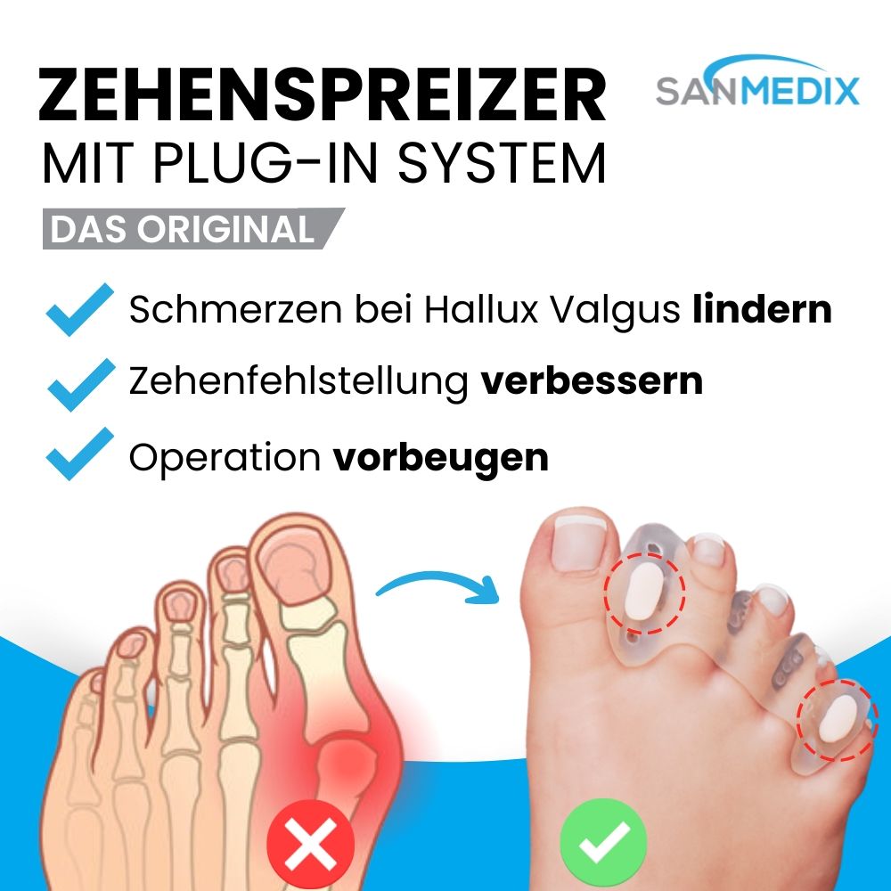 Fuß mit Zehenspreizer. Illustrationen zeigen Hallux Valgus und korrekte Zehenstellung. Text: lindern Schmerzen, verbessern Fehlstellung, Operation vorbeugen.