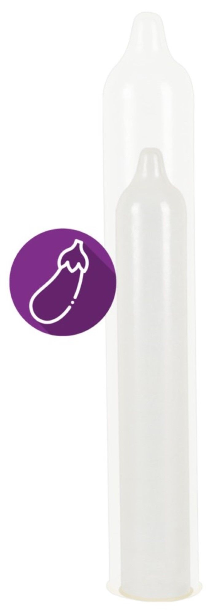 Zwei transparente Kondome, eines in einem anderen. Daneben ein lila Kreis mit Aubergine-Symbol.