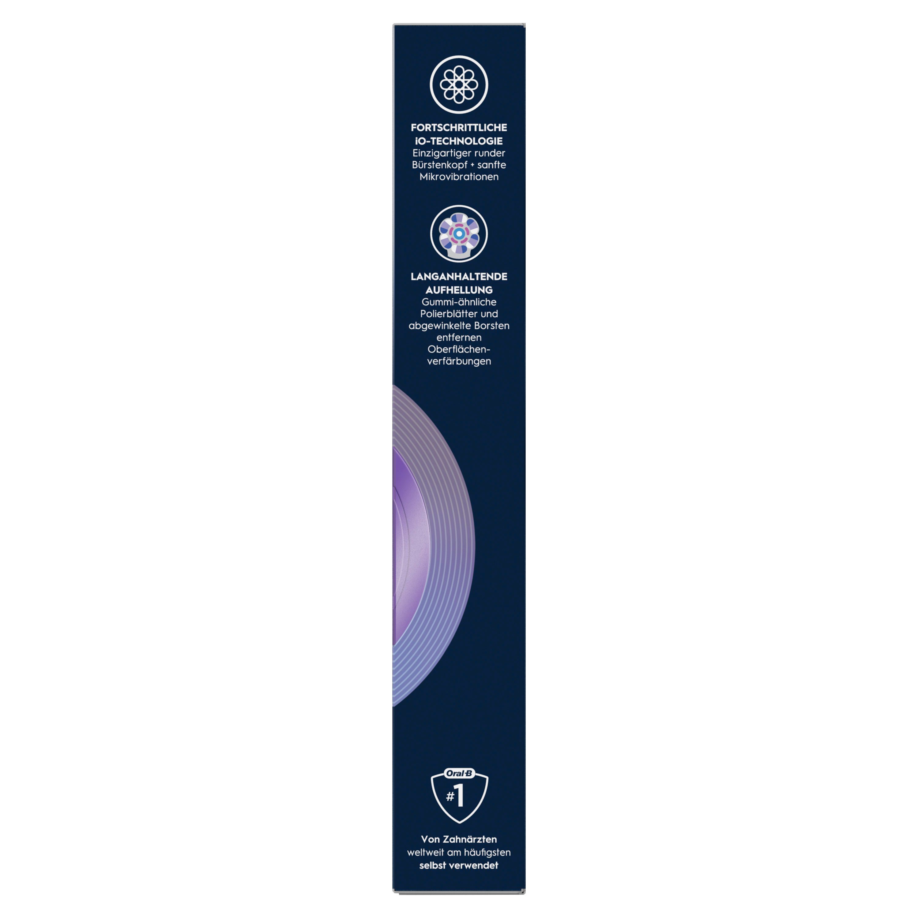 Seitenansicht der Verpackung. Text: "Fortschrittliche iO-Technologie". Illustrationen. Oral-B Logo und Qualitätszeichen.