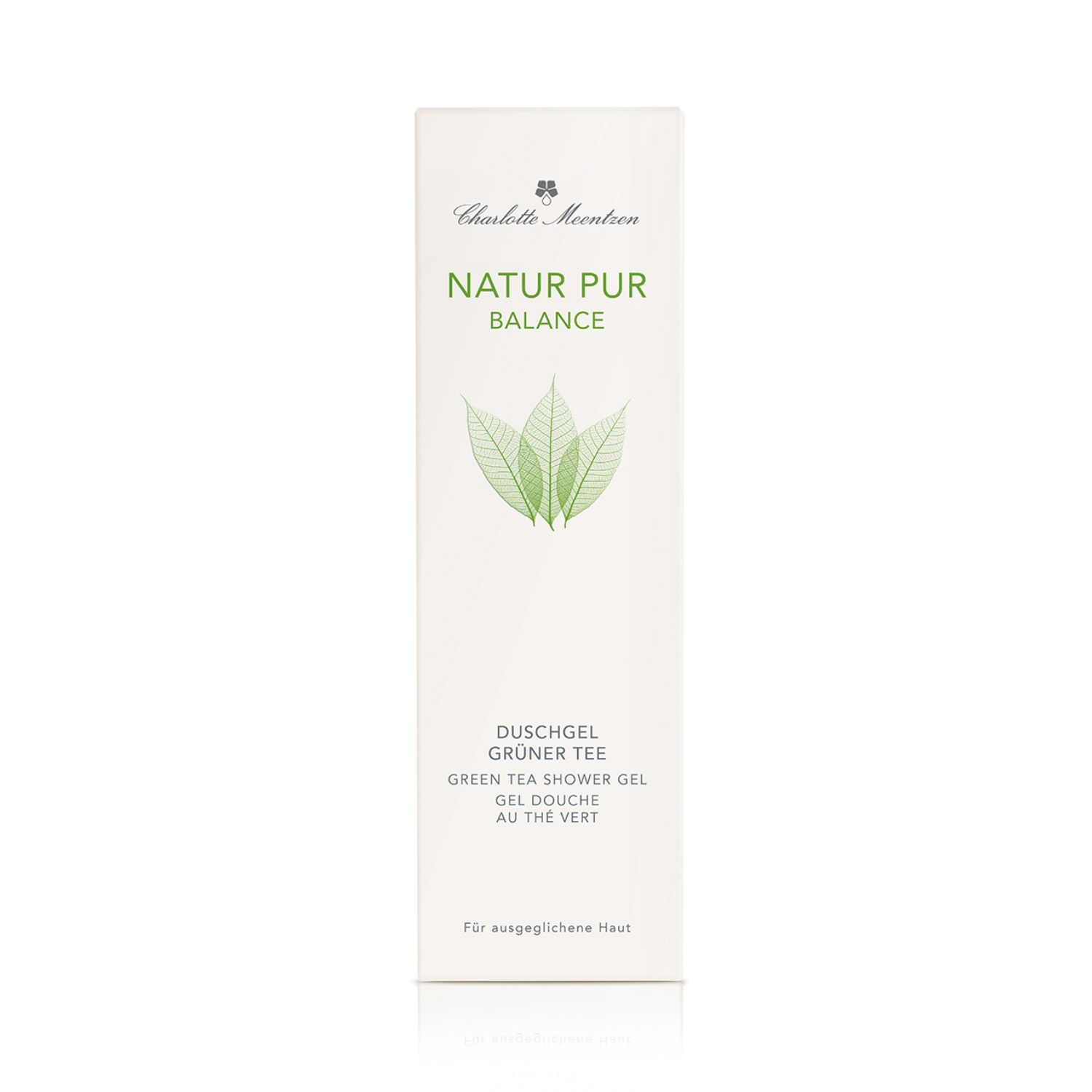 Weiße Verpackung mit Text: Natur Pur Balance, Duschgel Grüner Tee, Green Tea Shower Gel, Gel Douche au thé vert. Logo.
